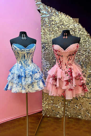 White Blue A Line Floral Short Corset Prom Dress with Ruffles
