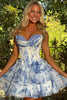 Load image into Gallery viewer, Queendancer Women White Blue Floral Short Corset Prom Dress with Ruffles Sweetheart A Line Tiered Birthday Party Dress