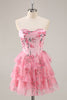 Load image into Gallery viewer, Pink Floral Sweetheart Corset Tiered Short Prom Dress with Ruffles