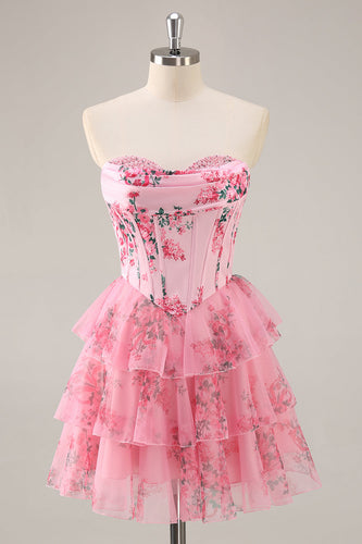 Pink Floral Sweetheart Corset Tiered Short Prom Dress with Ruffles