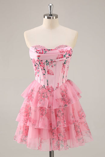Pink Floral Sweetheart Corset Tiered Short Prom Dress with Ruffles