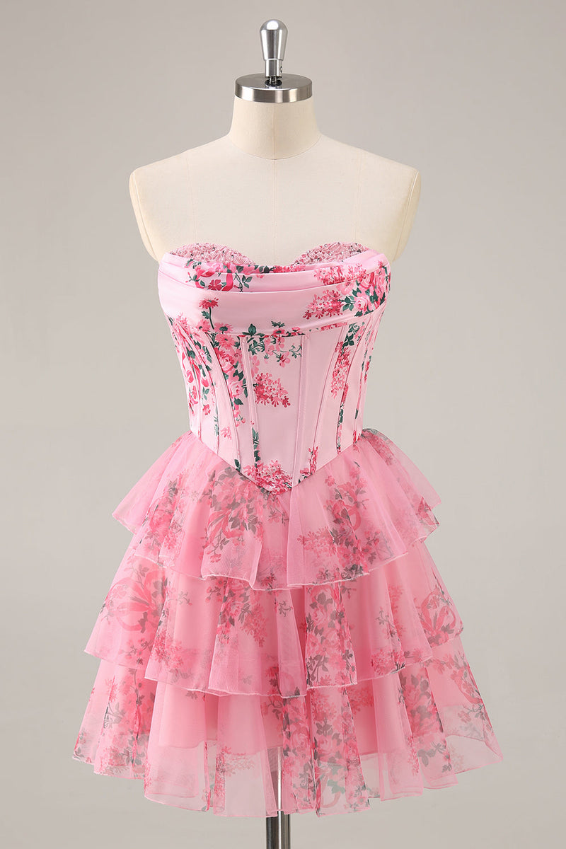 Load image into Gallery viewer, Pink Floral Sweetheart Corset Tiered Short Prom Dress with Ruffles