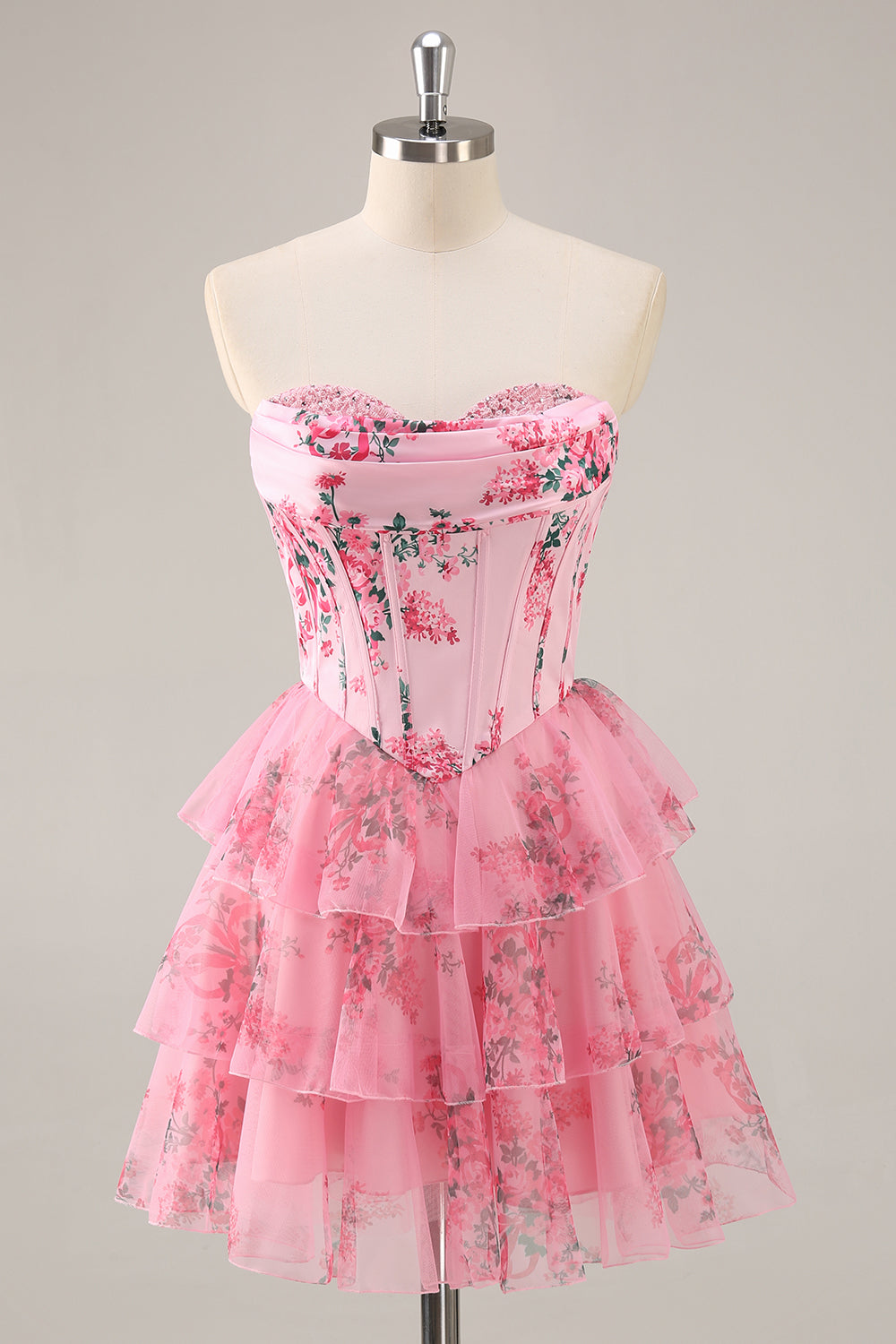 Pink Floral Sweetheart Corset Tiered Short Prom Dress with Ruffles