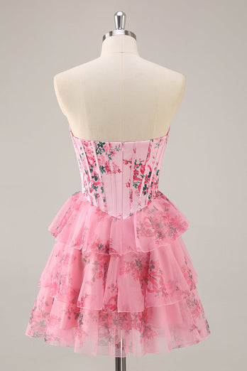 White and Blue Floral Sweetheart Corset Short Prom Dress with Ruffles
