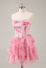 Load image into Gallery viewer, Pink Floral Sweetheart Corset Tiered Short Prom Dress with Ruffles
