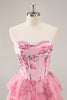 Load image into Gallery viewer, Pink Floral Sweetheart Corset Tiered Short Prom Dress with Ruffles
