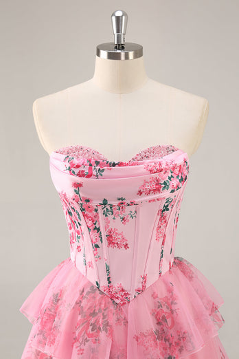 Pink Floral Sweetheart Corset Tiered Short Prom Dress with Ruffles