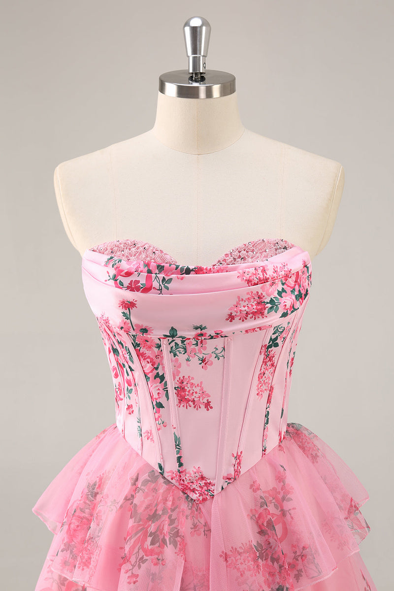 Load image into Gallery viewer, Pink Floral Sweetheart Corset Tiered Short Prom Dress with Ruffles