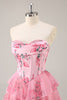 Load image into Gallery viewer, Pink Floral Sweetheart Corset Tiered Short Prom Dress with Ruffles