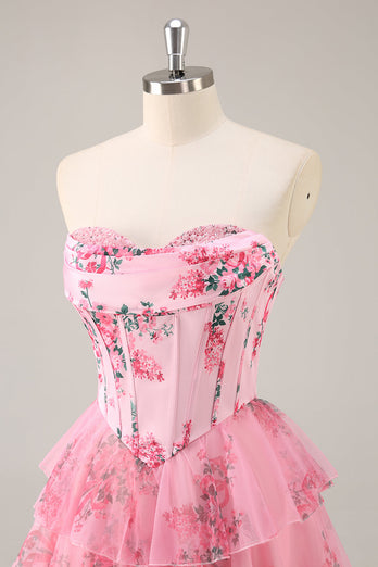 Pink Floral Sweetheart Corset Tiered Short Prom Dress with Ruffles