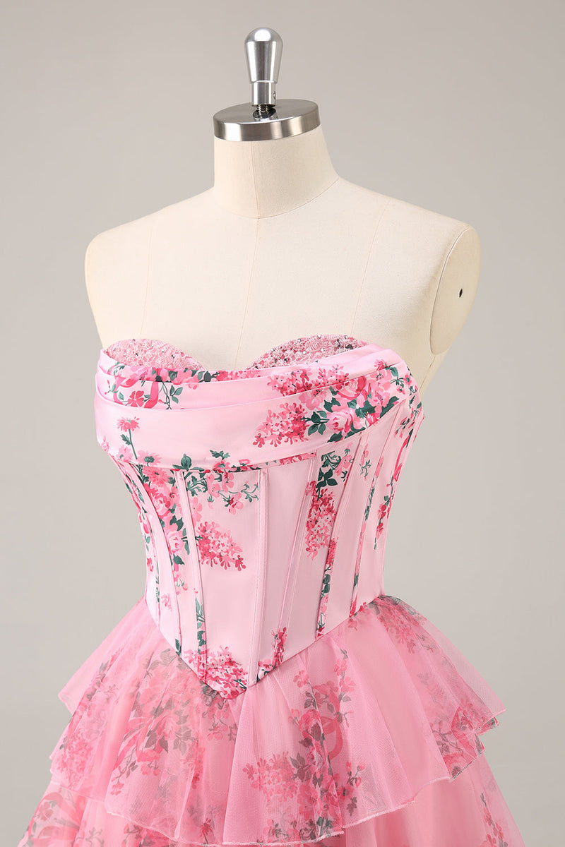 Load image into Gallery viewer, Pink Floral Sweetheart Corset Tiered Short Prom Dress with Ruffles