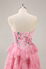 Load image into Gallery viewer, Pink Floral Sweetheart Corset Tiered Short Prom Dress with Ruffles