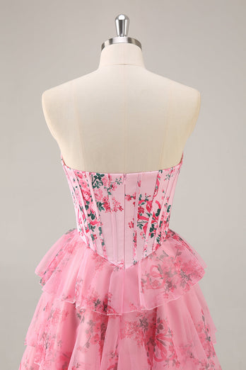 Pink Floral Sweetheart Corset Tiered Short Prom Dress with Ruffles