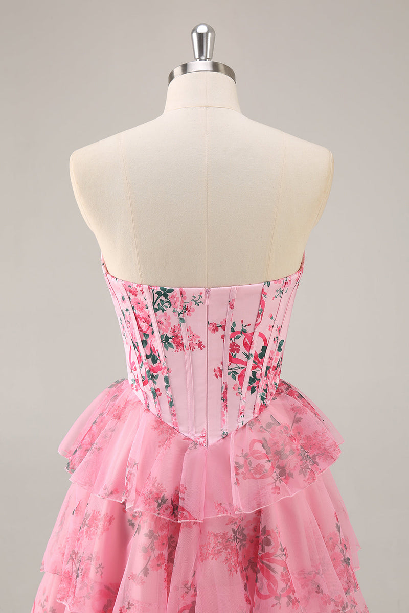 Load image into Gallery viewer, Pink Floral Sweetheart Corset Tiered Short Prom Dress with Ruffles
