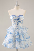 Load image into Gallery viewer, White and Blue Floral Sweetheart Corset Short Prom Dress with Ruffles