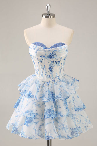 White and Blue Floral Sweetheart Corset Short Prom Dress with Ruffles
