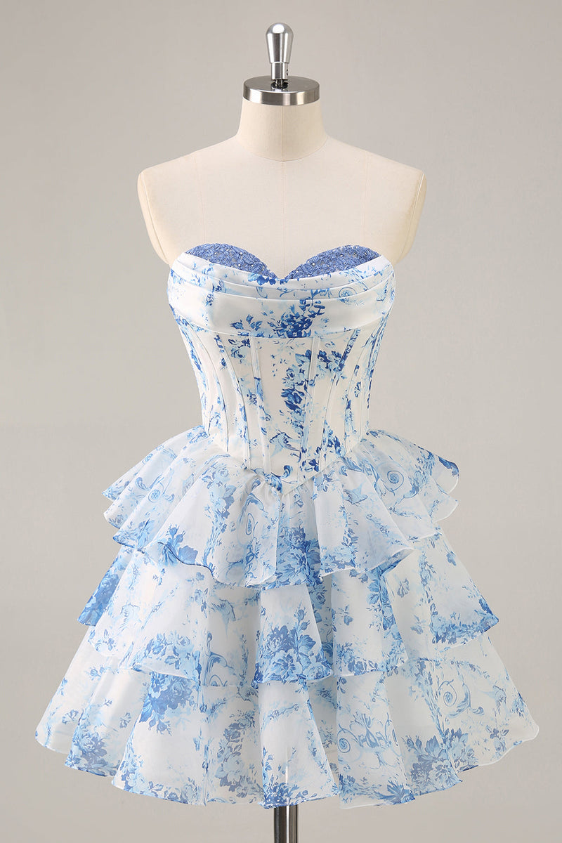 Load image into Gallery viewer, White and Blue Floral Sweetheart Corset Short Prom Dress with Ruffles