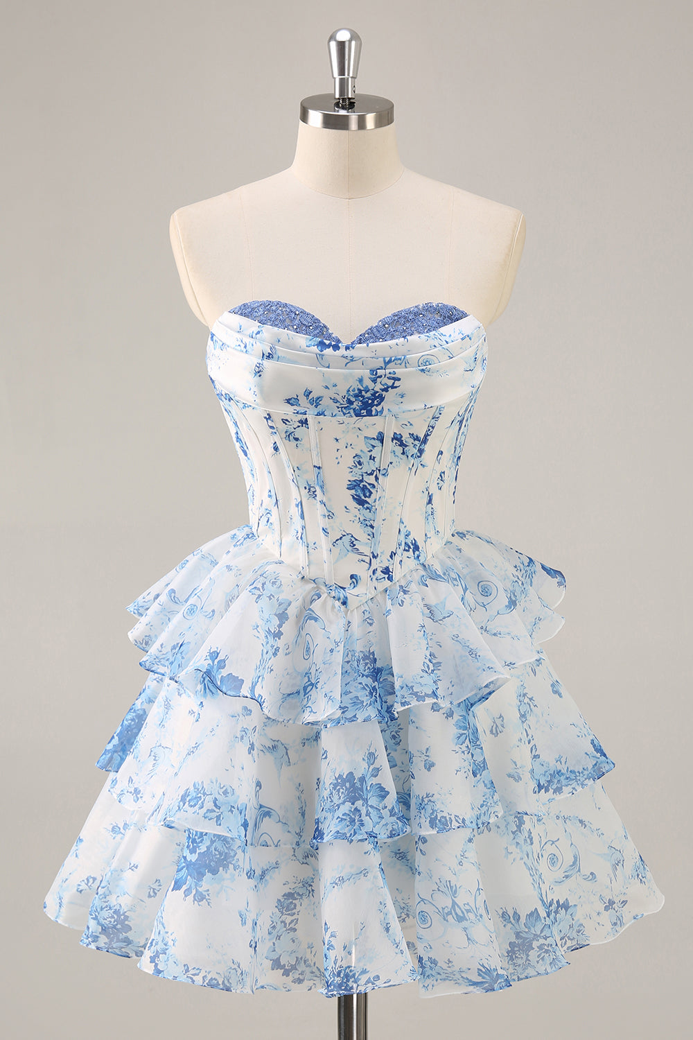 White and Blue Floral Sweetheart Corset Short Prom Dress with Ruffles