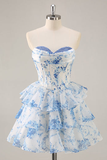 Pink Floral Sweetheart Corset Tiered Short Prom Dress with Ruffles