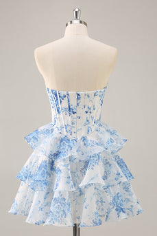 White and Blue Floral Sweetheart Corset Short Prom Dress with Ruffles