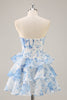 Load image into Gallery viewer, Pink Floral Sweetheart Corset Tiered Short Prom Dress with Ruffles