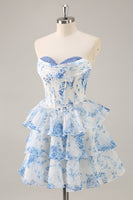 Load image into Gallery viewer, Pink Floral Sweetheart Corset Tiered Short Prom Dress with Ruffles