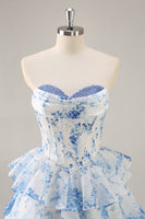 Load image into Gallery viewer, White and Blue Floral Sweetheart Corset Short Prom Dress with Ruffles
