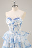 Load image into Gallery viewer, White and Blue Floral Sweetheart Corset Short Prom Dress with Ruffles