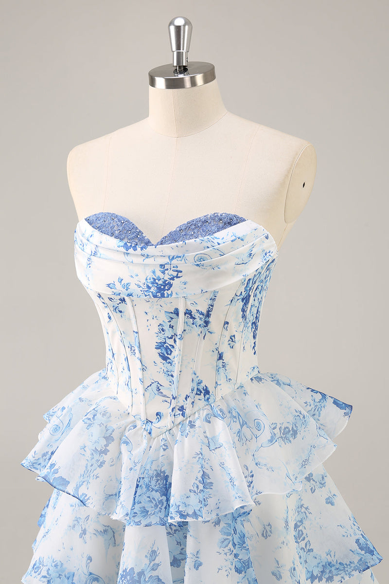 Load image into Gallery viewer, Pink Floral Sweetheart Corset Tiered Short Prom Dress with Ruffles