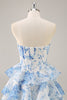 Load image into Gallery viewer, White and Blue Floral Sweetheart Corset Short Prom Dress with Ruffles