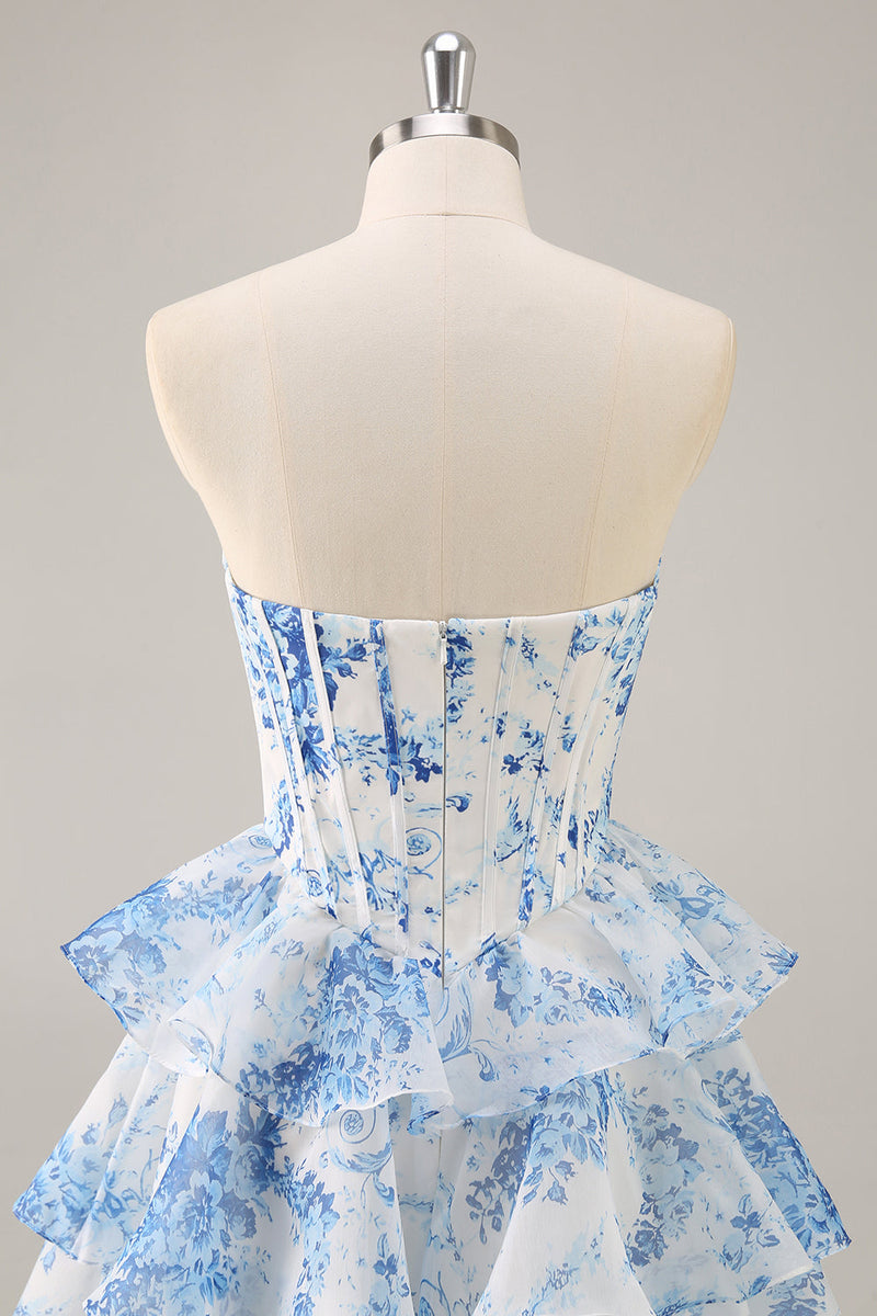 Load image into Gallery viewer, White and Blue Floral Sweetheart Corset Short Prom Dress with Ruffles
