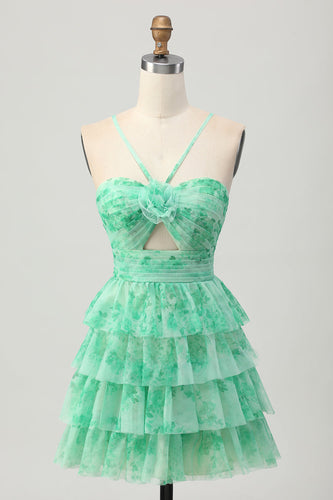Green Ruffled Floral Short Prom Dress with Keyhole