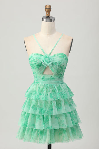 Purple Ruffled Floral Short Prom Dress with Keyhole