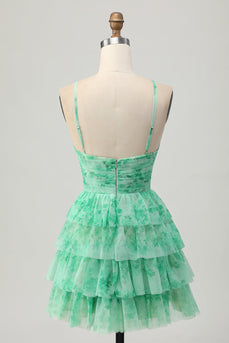 Green Ruffled Floral Short Prom Dress with Keyhole