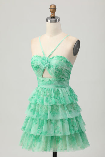 Green Ruffled Floral Short Prom Dress with Keyhole