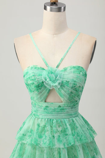 Green Ruffled Floral Short Prom Dress with Keyhole