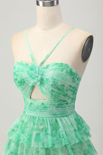 Purple Ruffled Floral Short Prom Dress with Keyhole