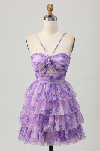 Purple Ruffled Floral Short Prom Dress with Keyhole