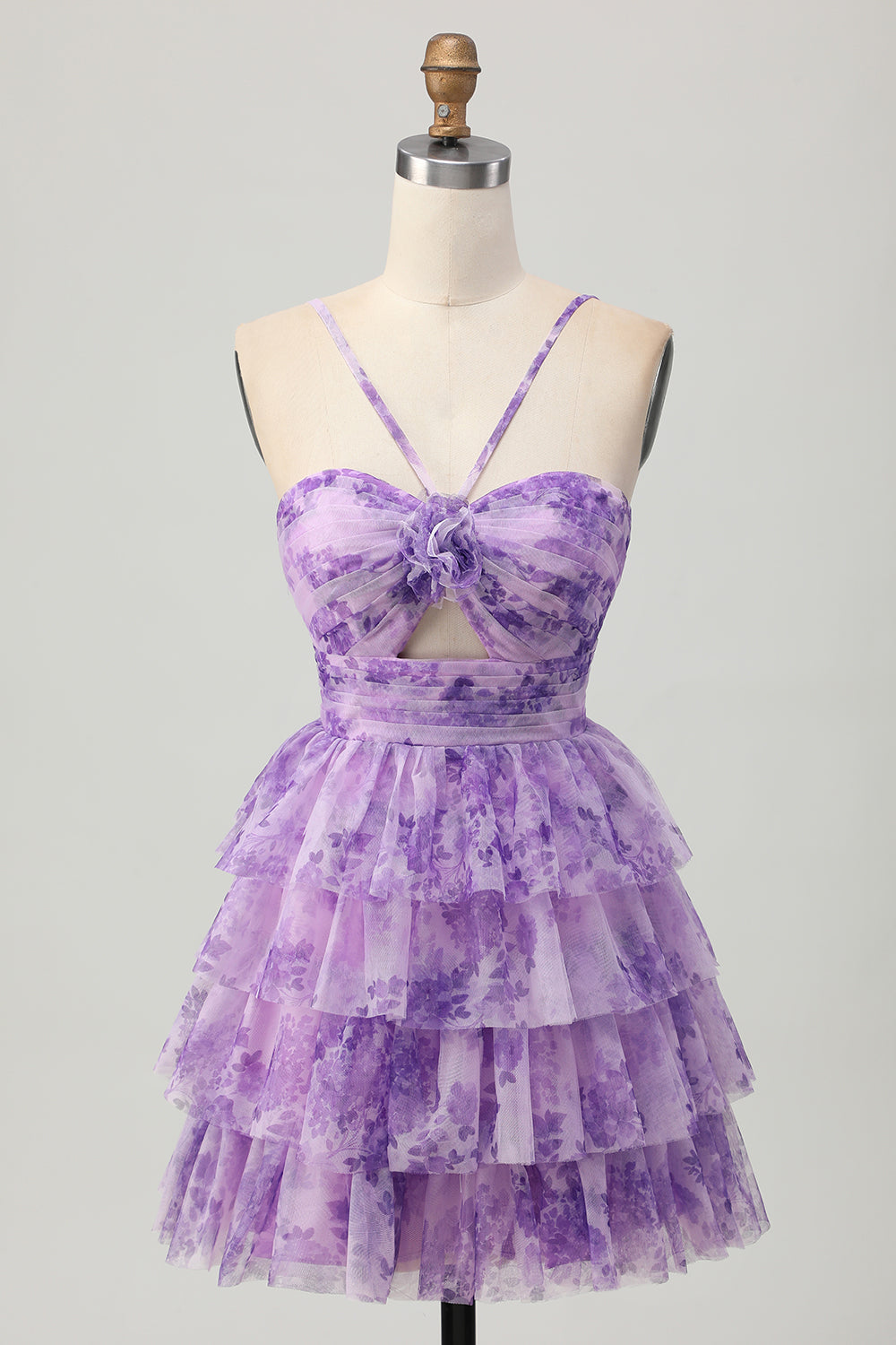 Purple Ruffled Floral Short Prom Dress with Keyhole