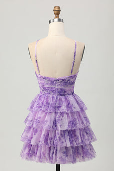 Purple Ruffled Floral Short Prom Dress with Keyhole