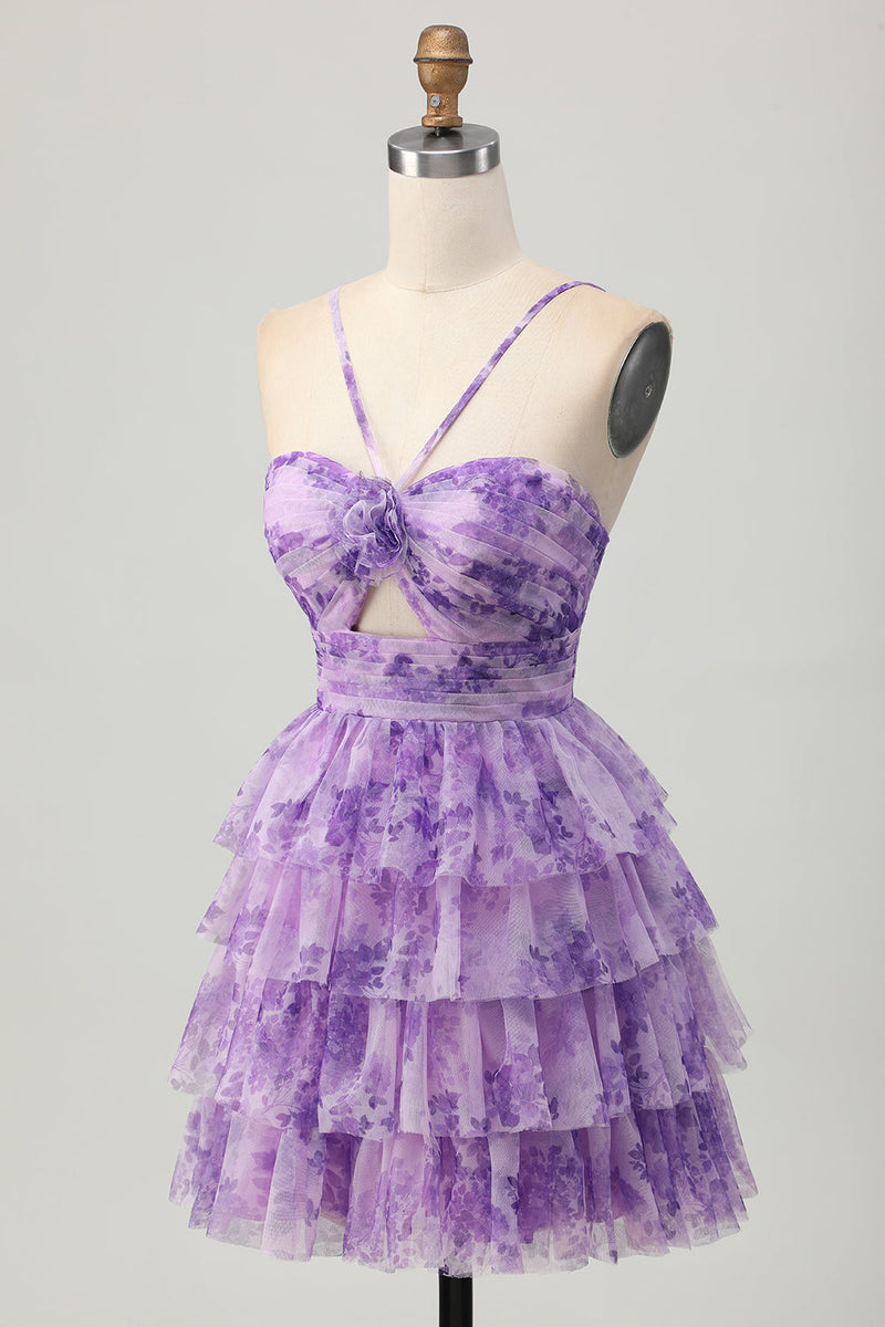 Load image into Gallery viewer, Green Ruffled Floral Short Prom Dress with Keyhole