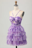 Load image into Gallery viewer, Purple Ruffled Floral Short Prom Dress with Keyhole