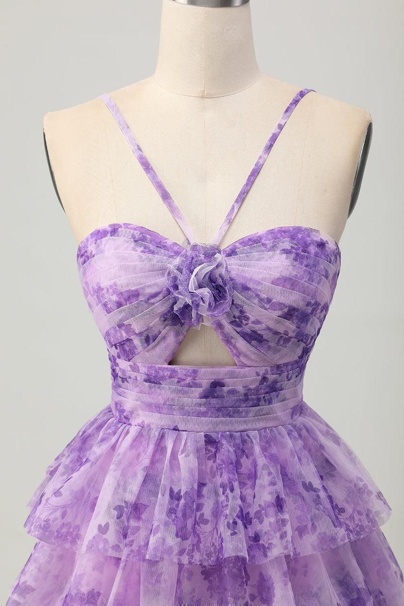 Load image into Gallery viewer, Purple Ruffled Floral Short Prom Dress with Keyhole