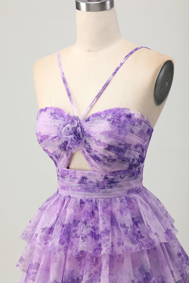 Load image into Gallery viewer, White and Blue Ruffled Floral Short Prom Dress with Keyhole