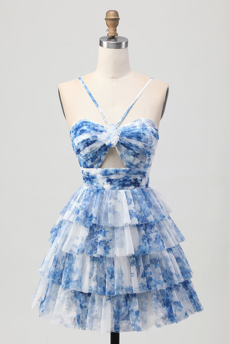 Load image into Gallery viewer, Green Ruffled Floral Short Prom Dress with Keyhole