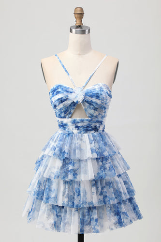 White and Blue Ruffled Floral Short Prom Dress with Keyhole