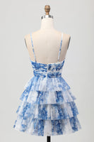 Load image into Gallery viewer, White and Blue Ruffled Floral Short Prom Dress with Keyhole