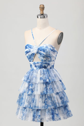 Purple Ruffled Floral Short Prom Dress with Keyhole