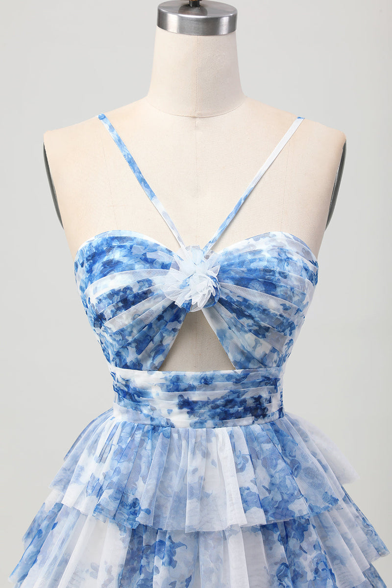 Load image into Gallery viewer, Green Ruffled Floral Short Prom Dress with Keyhole