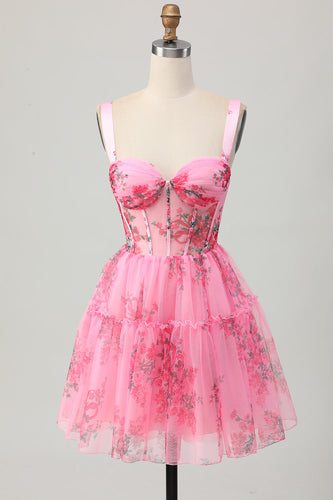 Pink Floral A Line Corset Short Prom Dress with Ruffles